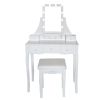 32 Inch 3 Piece Vanity Desk Set with LED Lights, 5 Drawers, Cushioned Stool, White Solid Wood