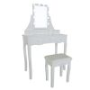 32 Inch 3 Piece Vanity Desk Set with LED Lights, 5 Drawers, Cushioned Stool, White Solid Wood