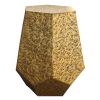 21 Inch Handcrafted Hexagonal Accent Metal End Table with Engraved Details, Aluminum, Antique Brass