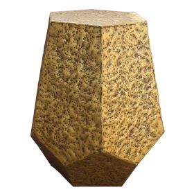 21 Inch Handcrafted Hexagonal Accent Metal End Table with Engraved Details, Aluminum, Antique Brass