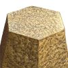 21 Inch Handcrafted Hexagonal Accent Metal End Table with Engraved Details, Aluminum, Antique Brass