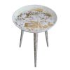 20 Inch Artisanal Industrial Round Tray Top Iron Side End Table, Tripod Base, Distressed White, Gold