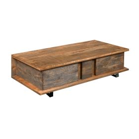 48 Inch Handcrafted Rectangular Coffee Table with 2 Drawers, Black Iron Sled Base, Rustic Natural Brown