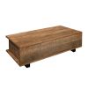 48 Inch Handcrafted Rectangular Coffee Table with 2 Drawers, Black Iron Sled Base, Rustic Natural Brown