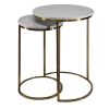 21, 18 Inch Transitional Style Round Marble Top Nesting End Table, Set of 2, Metal Frame, White, Brass