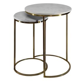 21, 18 Inch Transitional Style Round Marble Top Nesting End Table, Set of 2, Metal Frame, White, Brass