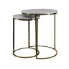 21, 18 Inch Transitional Style Round Marble Top Nesting End Table, Set of 2, Metal Frame, White, Brass