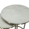 21, 18 Inch Transitional Style Round Marble Top Nesting End Table, Set of 2, Metal Frame, White, Brass