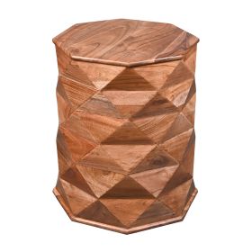 23 Inch Handcrafted Drum Side Accent Table with a Multifaceted Diamond Cut Design, Natural Brown Acacia Wood