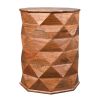 23 Inch Handcrafted Drum Side Accent Table with a Multifaceted Diamond Cut Design, Natural Brown Acacia Wood