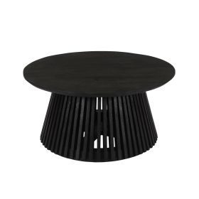 Ridge 32 Inch Handcrafted Round Coffee Table, Mango Wood, Slatted Flared Base, Black