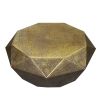 36 Inch Diamond Shape Drum Coffee Table, Octagon Top, Faceted Textured Sides, Aluminum, Antique Brass