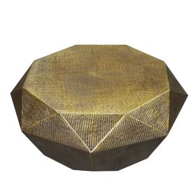 36 Inch Diamond Shape Drum Coffee Table, Octagon Top, Faceted Textured Sides, Aluminum, Antique Brass