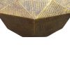 36 Inch Diamond Shape Drum Coffee Table, Octagon Top, Faceted Textured Sides, Aluminum, Antique Brass