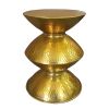 21 Inch Round Aluminum Side End Table, Hammered Embossed Metal Surface, Turned Pedestal Base, Gold Brass Finish