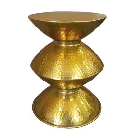 21 Inch Round Aluminum Side End Table, Hammered Embossed Metal Surface, Turned Pedestal Base, Gold Brass Finish
