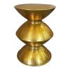 21 Inch Round Aluminum Side End Table, Hammered Embossed Metal Surface, Turned Pedestal Base, Gold Brass Finish