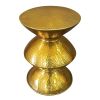 21 Inch Round Aluminum Side End Table, Hammered Embossed Metal Surface, Turned Pedestal Base, Gold Brass Finish