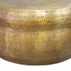 32 Inch Artisanal Round Drum Coffee Table, Hammered Embossed Texturing, Aluminum, Antique Brass