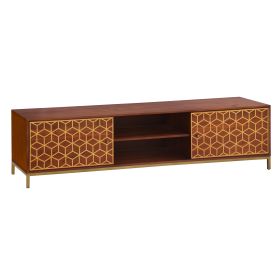 Kalyn 75 Inch Handcrafted TV Media Console Entertainment Center, 2 Doors, Center Shelf, Geometric Screen Printed Design, Brown Acacia Wood, Brass