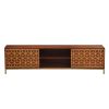 Kalyn 75 Inch Handcrafted TV Media Console Entertainment Center, 2 Doors, Center Shelf, Geometric Screen Printed Design, Brown Acacia Wood, Brass