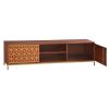 Kalyn 75 Inch Handcrafted TV Media Console Entertainment Center, 2 Doors, Center Shelf, Geometric Screen Printed Design, Brown Acacia Wood, Brass