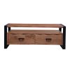 47 Inch Handcrafted Coffee Table, Live Edge Detailing, 2 Drawers, Open Center Compartment, Black Iron Frame, Brown Acacia Wood