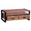 47 Inch Handcrafted Coffee Table, Live Edge Detailing, 2 Drawers, Open Center Compartment, Black Iron Frame, Brown Acacia Wood