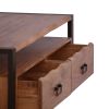 47 Inch Handcrafted Coffee Table, Live Edge Detailing, 2 Drawers, Open Center Compartment, Black Iron Frame, Brown Acacia Wood