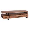 Fiona 70 Inch Farmhouse TV Media Entertainment Console, 4 Drawers, Acacia Wood, Metal Frame, Natural Brown, Black
