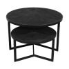 28, 20 Inch Round Nesting Coffee Table Set Of 2, Handcrafted Mango Wood Charcoal Gray Top, Black Iron Base