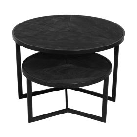 28, 20 Inch Round Nesting Coffee Table Set Of 2, Handcrafted Mango Wood Charcoal Gray Top, Black Iron Base