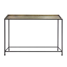 Aurelia 48 Inch Console Sofa Table, Artisanal Hammered Antique Bronze Tray Top, Industrial Black Iron Frame