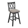 Jasmine 29 Inch Handcrafted Rustic 360 Degree Swivel Barstool Chair, Crossed Black Wood Frame, Gray Seat Cushion