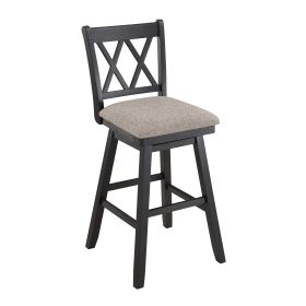 Jasmine 29 Inch Handcrafted Rustic 360 Degree Swivel Barstool Chair, Crossed Black Wood Frame, Gray Seat Cushion