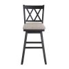 Jasmine 29 Inch Handcrafted Rustic 360 Degree Swivel Barstool Chair, Crossed Black Wood Frame, Gray Seat Cushion