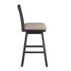 Jasmine 29 Inch Handcrafted Rustic 360 Degree Swivel Barstool Chair, Crossed Black Wood Frame, Gray Seat Cushion