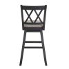 Jasmine 29 Inch Handcrafted Rustic 360 Degree Swivel Barstool Chair, Crossed Black Wood Frame, Gray Seat Cushion
