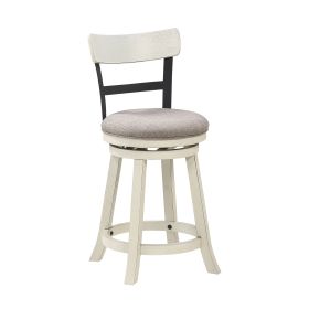 24 Inch Handcrafted 360 Degree Swivel Counter Stool, Curved Open Back, White Wood Frame, Cream Cushioned Seat