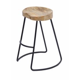 Ela 24 Inch Counter Height Stool, Mango Wood Saddle Seat, Iron Frame, Brown and Black