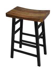 30 Inch Barstool with Saddle Style Wood Seat, Ladder Base, Brown and Black
