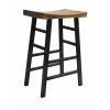 30 Inch Barstool with Saddle Style Wood Seat, Ladder Base, Brown and Black