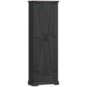 71" Pantry Cabinet, Kitchen Storage Cabinet with Adjustable Shelves, Barn Doors and Drawer for Dining Room, Black