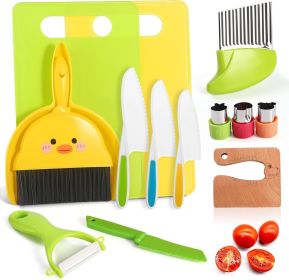 Kids Kitchen Knife Set - 14Pcs Montessori Toddler Safe Knife for Real Cooking, BPA-Free Plastic Serrated Knife, Wooden Knife, Peeler & Crinkle Cu