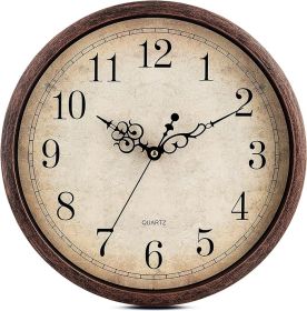 Vintage Brown Wall Clock Silent Non Ticking 12 Inch Quality Quartz Battery Operated Round Decorative Easy to Read for Home Kitchen Living/Dining Room