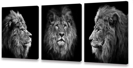 Wall Art Black and White Lion Head Portrait Wall Art Painting Pictures Print 3 Pieces