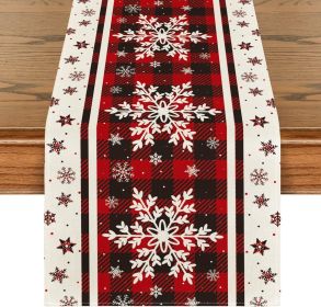 Buffalo Plaid Snowflakes Christmas Table Runner, Seasonal Winter Kitchen Dining Table Decoration for Home Party Decor 13x72 Inch