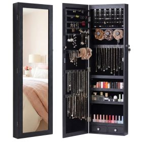 Wall-Mount/Door-Hanging Jewelry Armoire Large Capacity Mirror & LED Lights Lockable Organizer, 47.2-Inch Tall 6 LEDs Lockable Jewelry Cabinet (Color: Black)