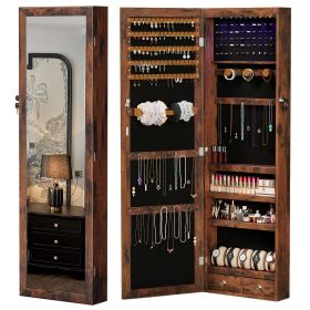 Wall-Mount/Door-Hanging Jewelry Armoire Large Capacity Mirror & LED Lights Lockable Organizer, 47.2-Inch Tall 6 LEDs Lockable Jewelry Cabinet (Color: brown)