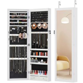 Wall-Mount/Door-Hanging Jewelry Armoire Large Capacity Mirror & LED Lights Lockable Organizer, 47.2-Inch Tall 6 LEDs Lockable Jewelry Cabinet (Color: White)